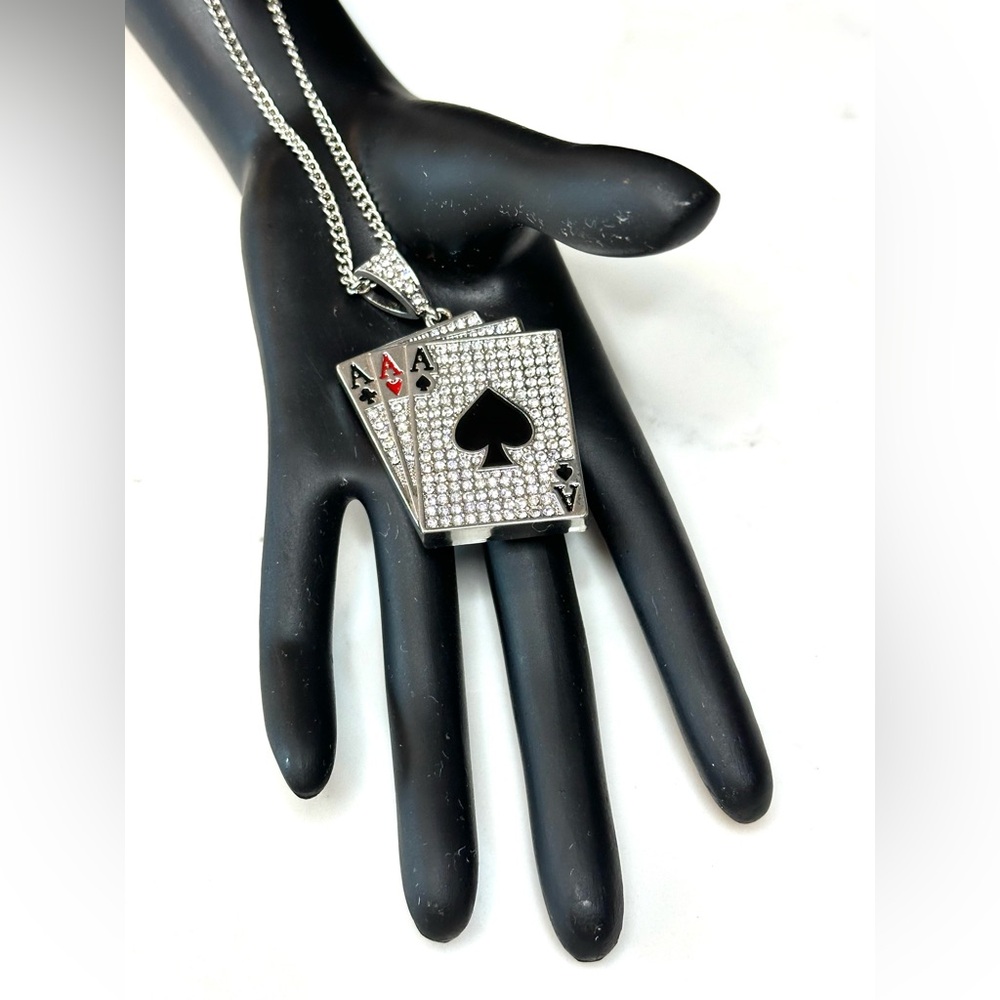 3 Of A Kind Aces Sparkly Crystal Playing Card Necklace Poker Casino Games